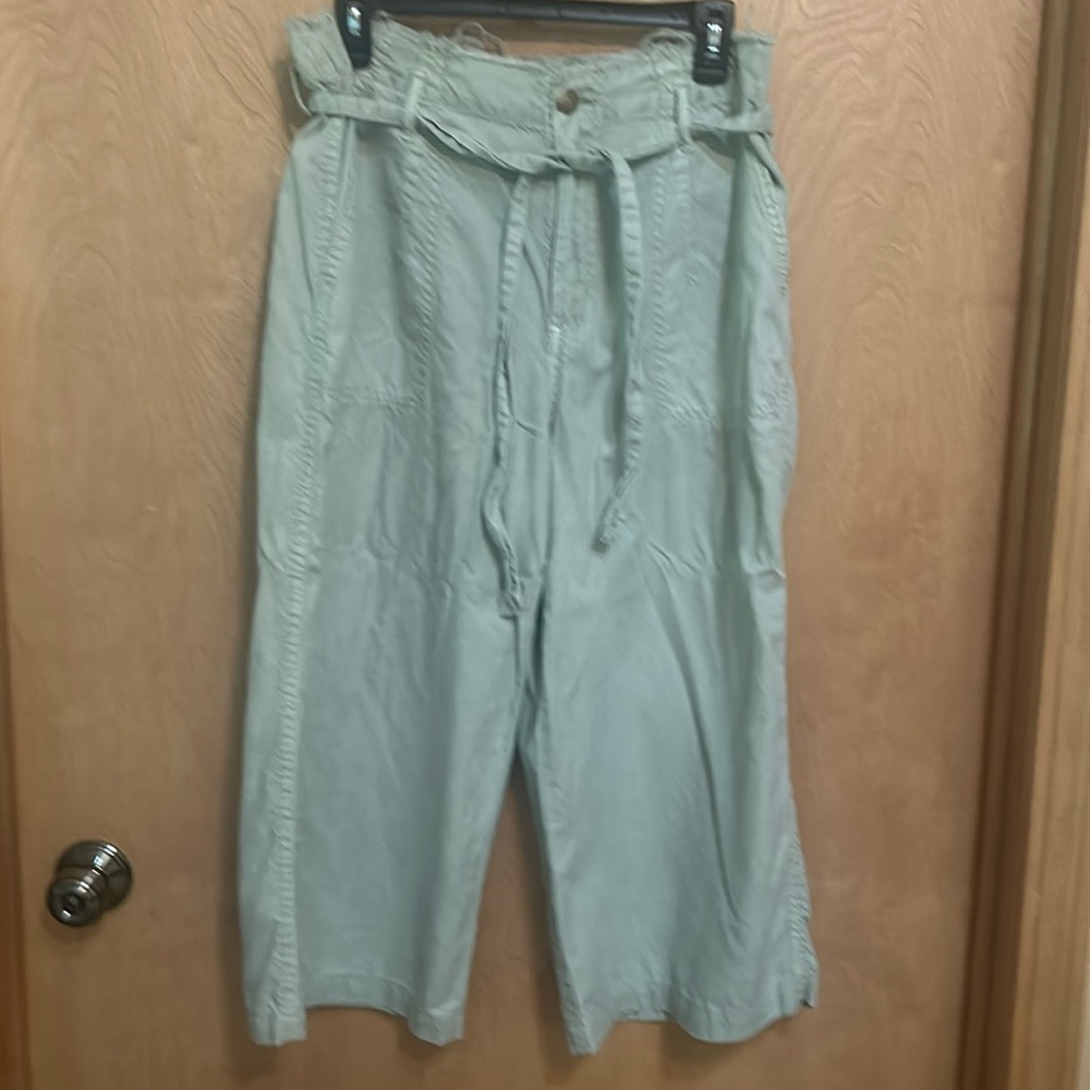 Wide Leg crop pant. Waist is made with fringe. Light mint color